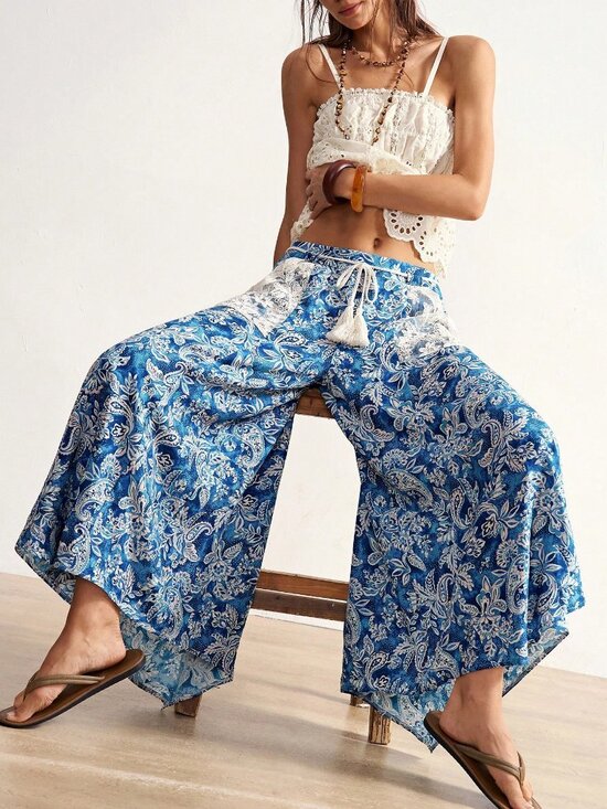Pants - Blue Boho Women's Loose Printed Wide Leg Pants